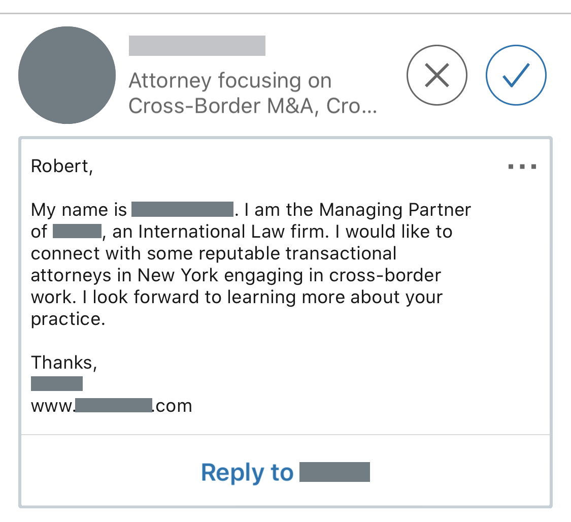 LinkedIn Communication from someone who spammed me because something in my profile gave their search query the idea I am running a law firm.