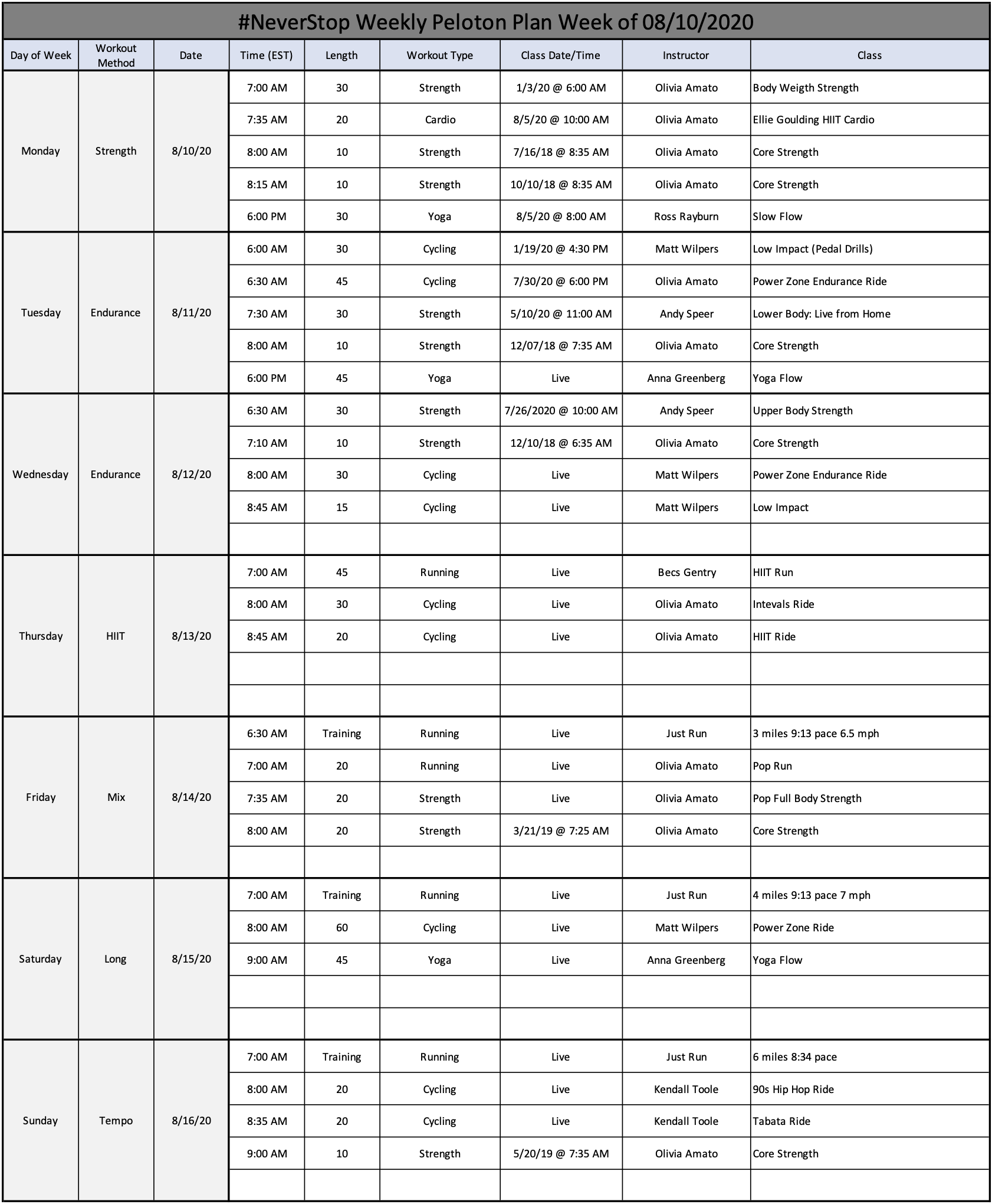 30 Minute Peloton workout calendar with Comfort Workout Clothes